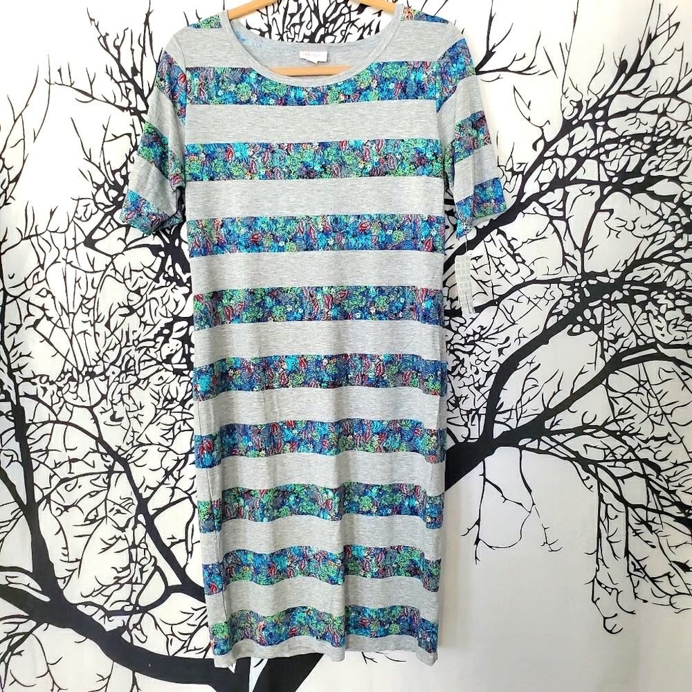 LuLaRoe Julia Dress Blue, Green & Grey Stripes L